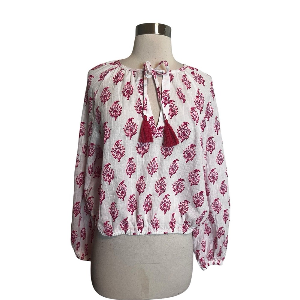 Roller Rabbit Top M White Pink Peasant Blouse Long Sleeve Floral Tassel Tie
